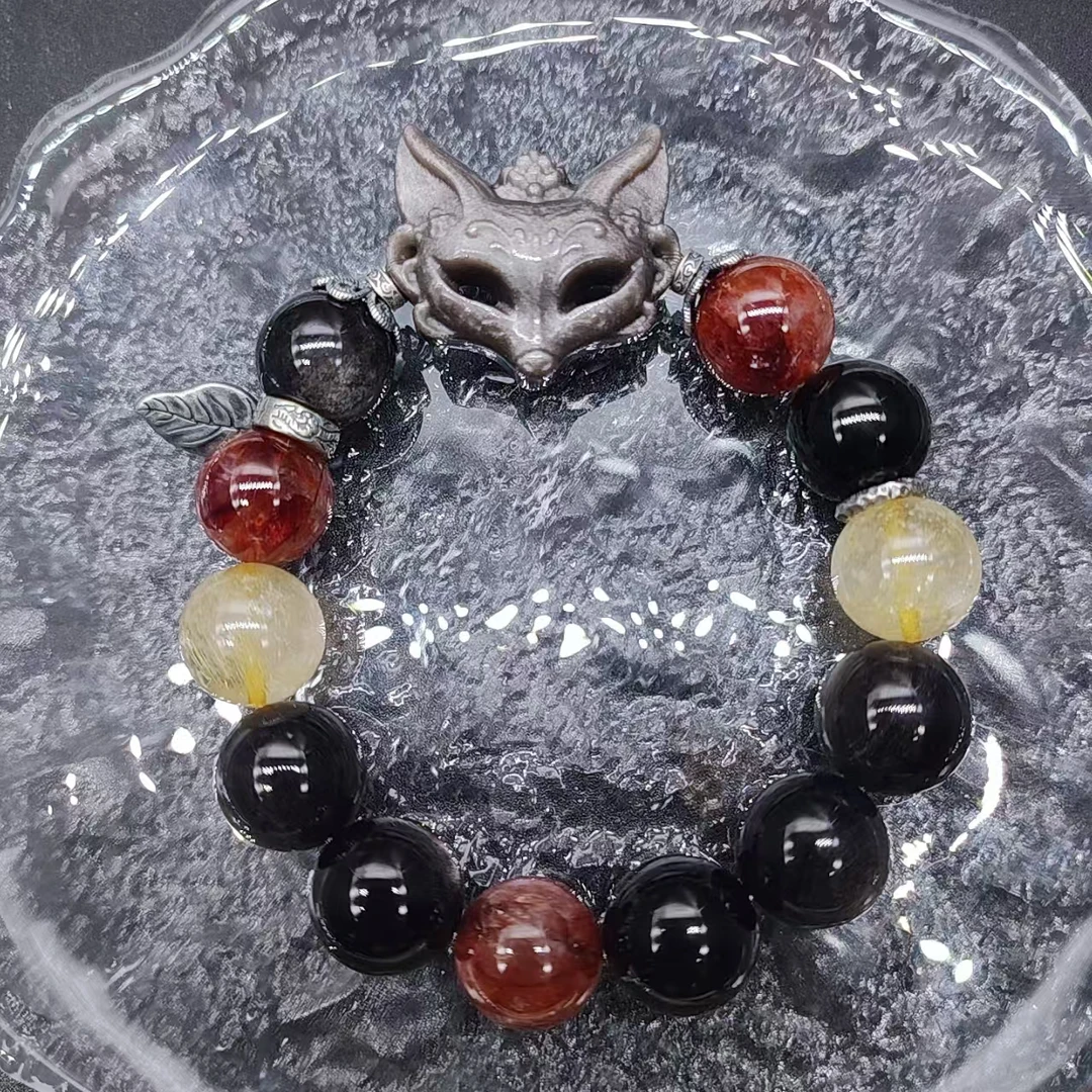 硕夏天然银曜石+狐狸面具设计款手链多样性发其一SX440