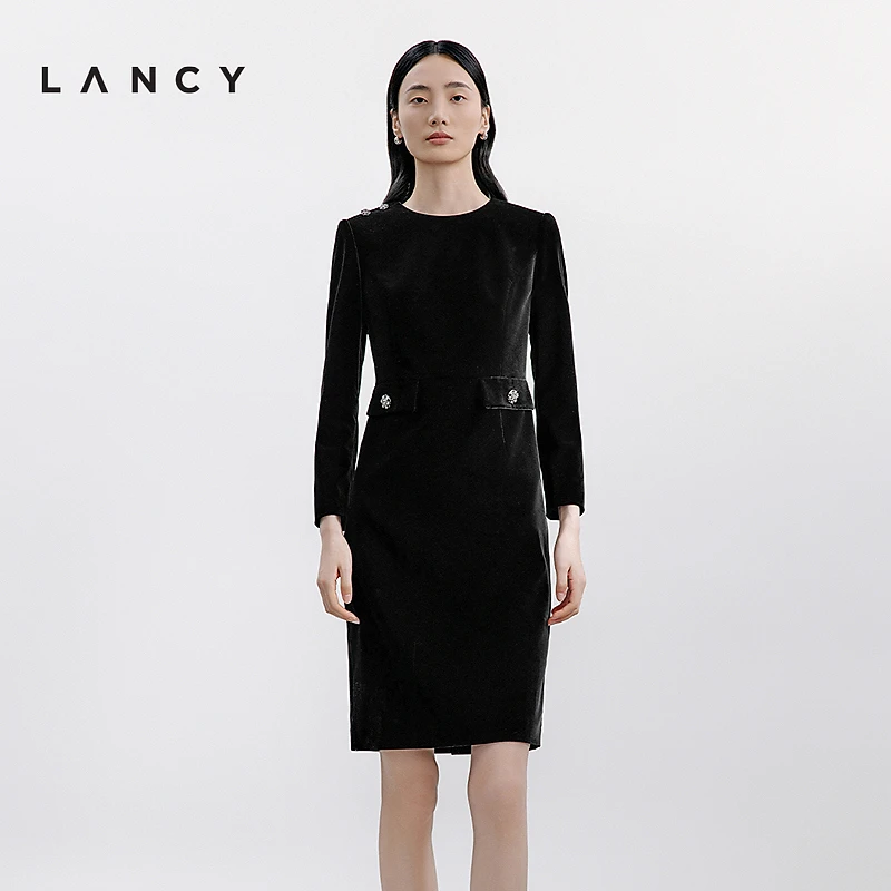 【流光盛宴】LANCY/朗姿2024秋季钻石丝绒气质收腰高级钻扣连衣裙女