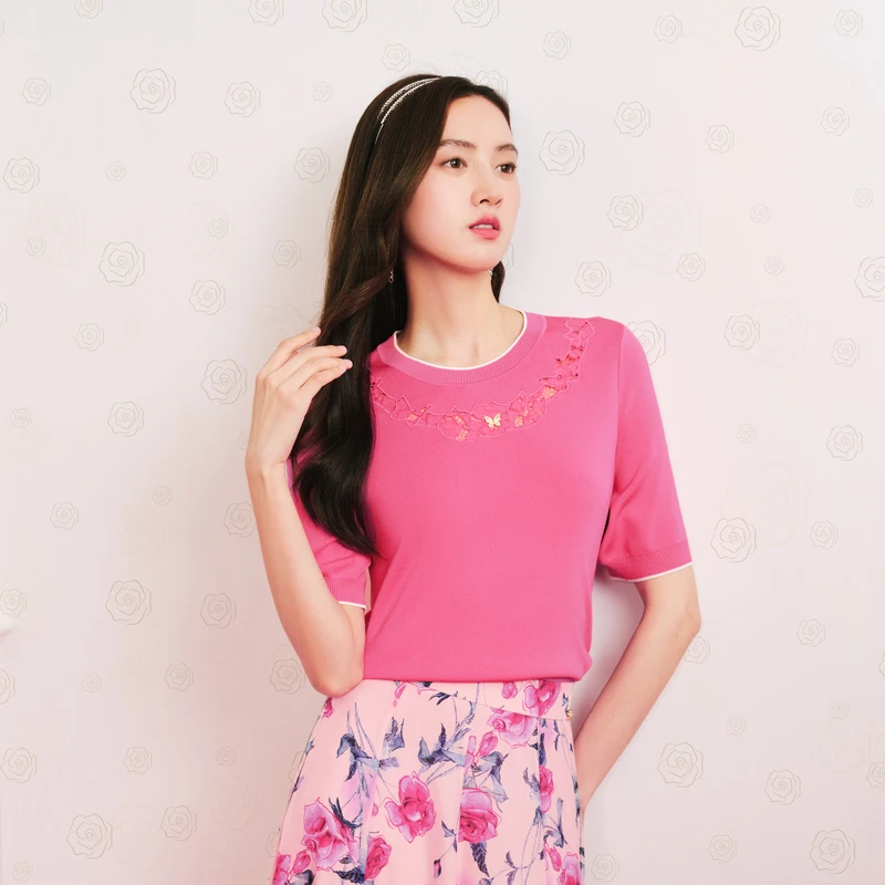 【晨粉专享价】珂莱蒂尔春季新款低圆领短袖针织衫套头衫打底上衣女