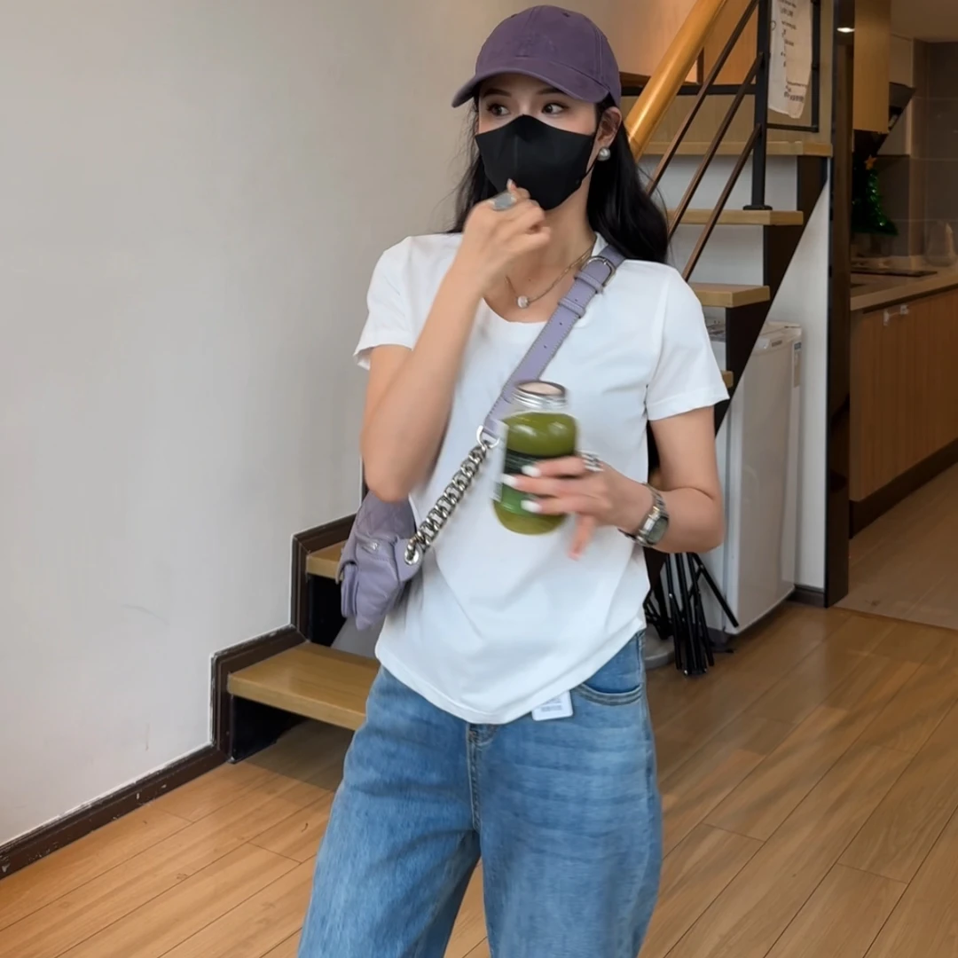 小个子夏季新款气质棉简约休闲百搭U领T桖衬衫上衣白色