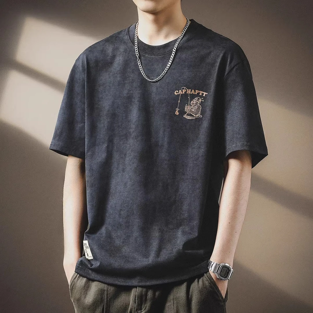 美式重磅云染趣味纯棉短袖T恤男夏季宽松大码潮牌圆领半袖体恤男