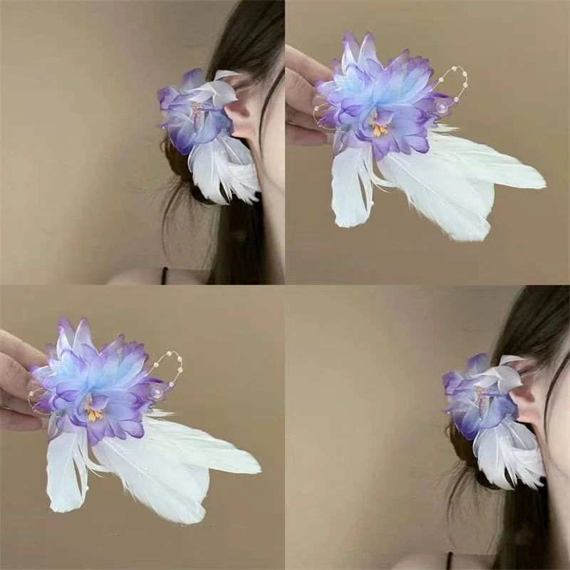 2025新款布艺花朵羽毛发夹超仙高级感百搭侧边鸭嘴夹蓝色花朵秋冬