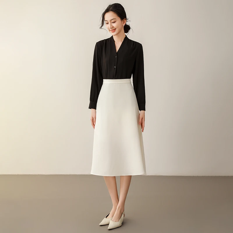 黑色衬衫套裙女夏季长袖防晒米色法式伞裙两件套通勤上班族职业装