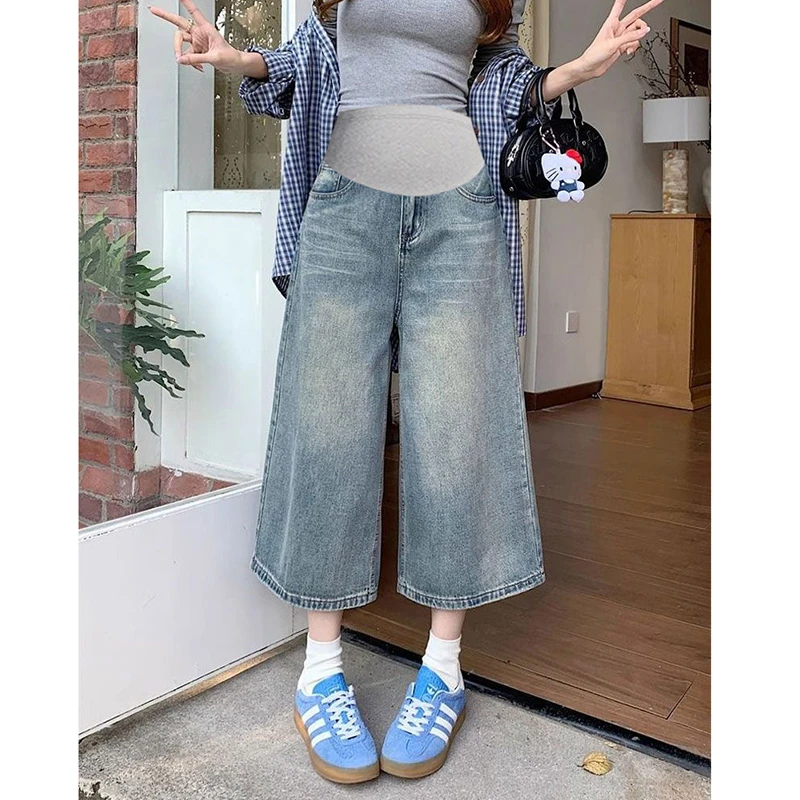 孕妇牛仔短裤女夏季薄款外穿2025新款休闲大码七分宽松显瘦阔腿裤