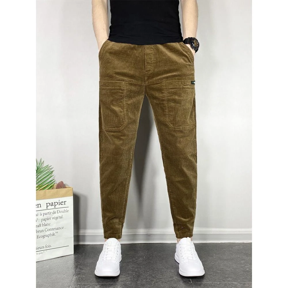 时尚运动裤男士修身小脚秋冬加厚百搭灯芯绒休闲九分裤潮流复古风