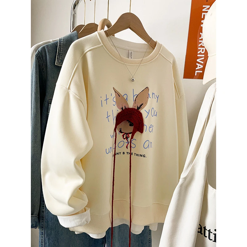 美式兔子刺绣套头圆领卫衣女新款爆款秋冬洋气宽松加绒上