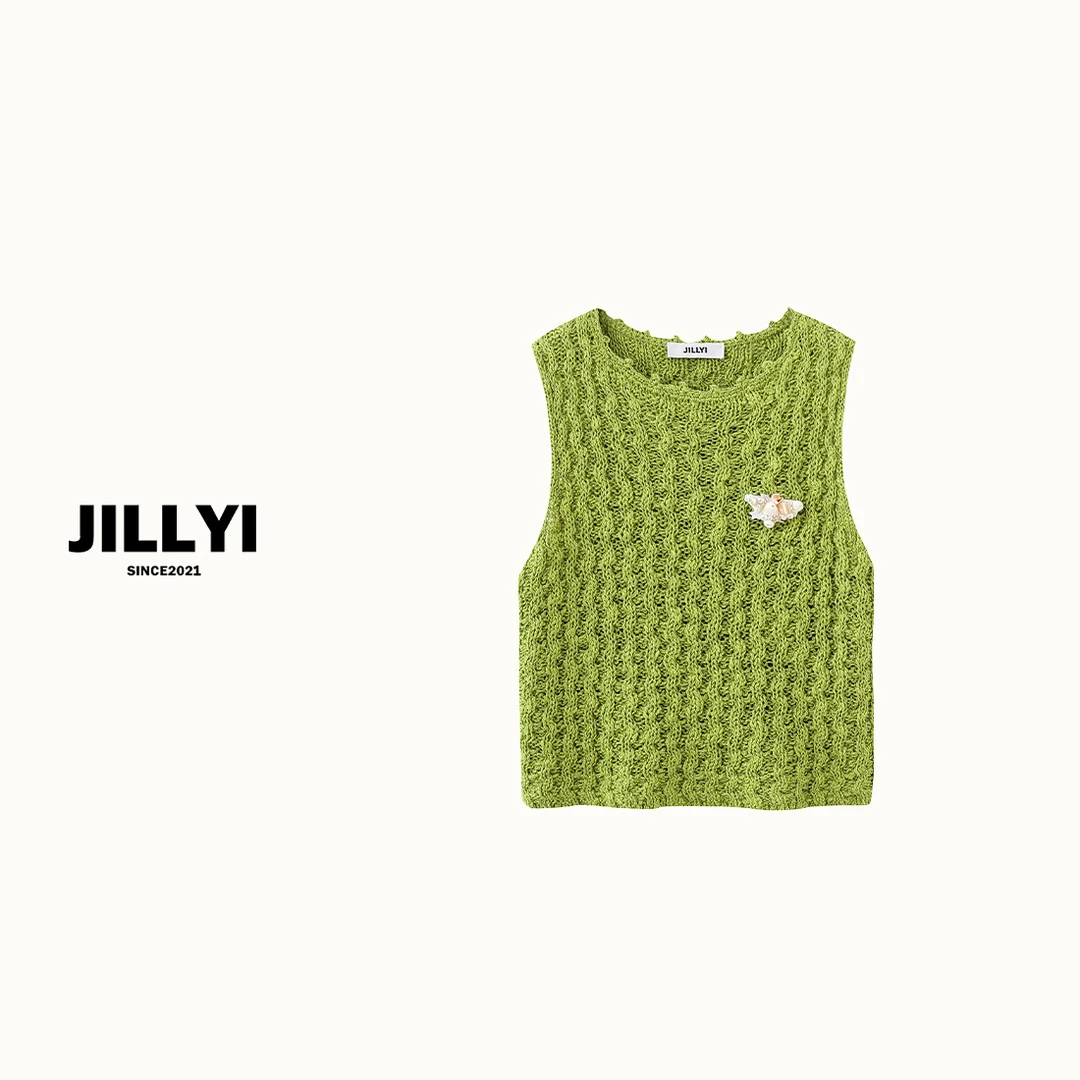 JILLYI珠海店【萤火之森】牛油果绿圆领编制工艺清新风时尚针织马甲