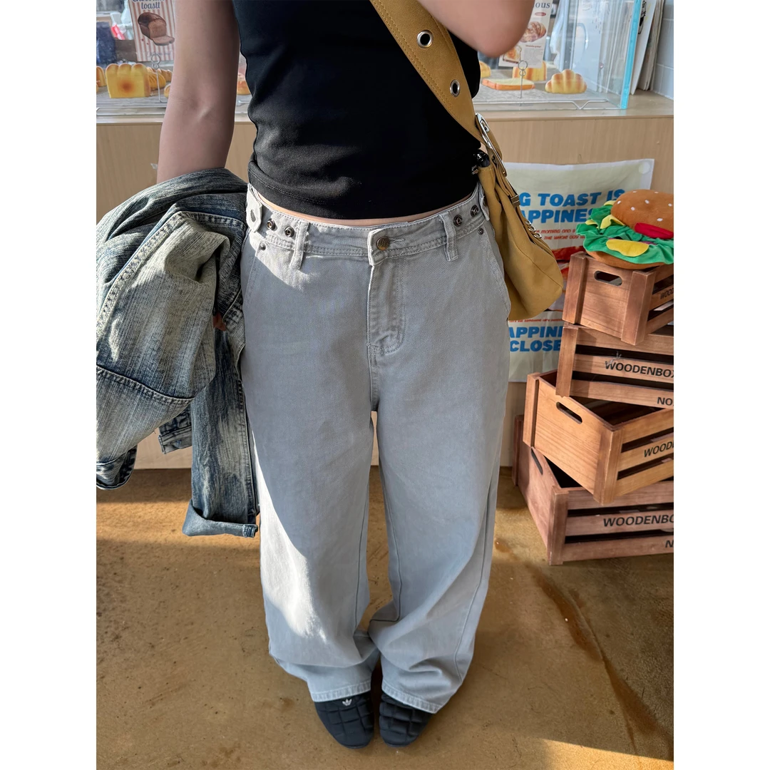 川川也家美式复古水洗直筒宽松男女同款百搭拖地长裤个性裤子