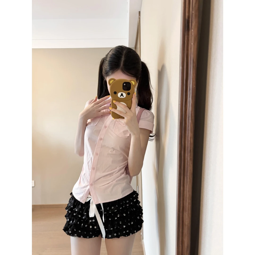 MARIE.COCO甜酷掐腰粉色口袋短袖上衣复古波点多层蛋糕短裤两件套