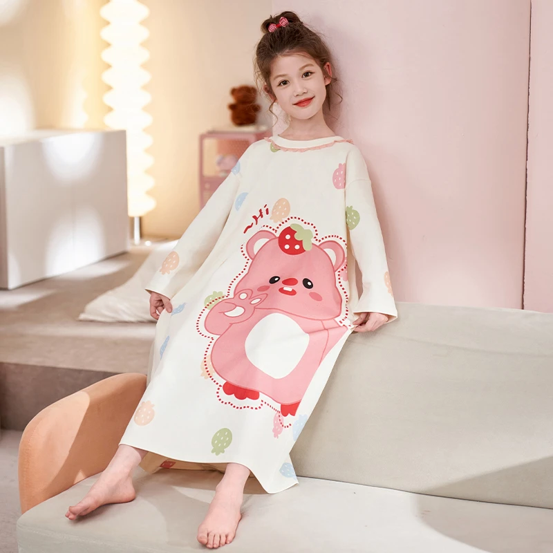 伊束姿儿童女童纯棉睡裙春秋季中大童可爱女孩长袖连衣裙家居服