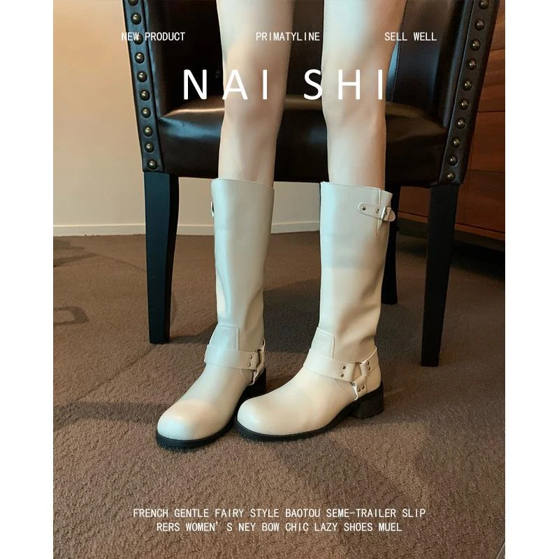 超软！！英伦风马丁靴高筒骑士靴女粗跟铆钉中筒靴显瘦白色西部靴