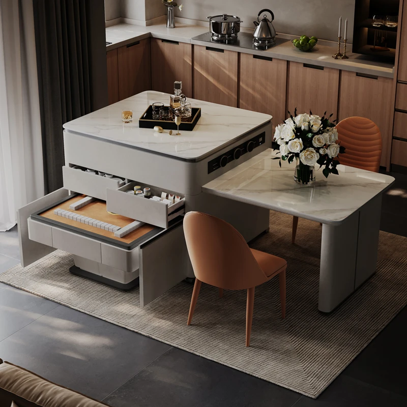 知歌麻将桌升降伸缩岩板岛台一体实木餐桌现代简约家用棋牌麻将机