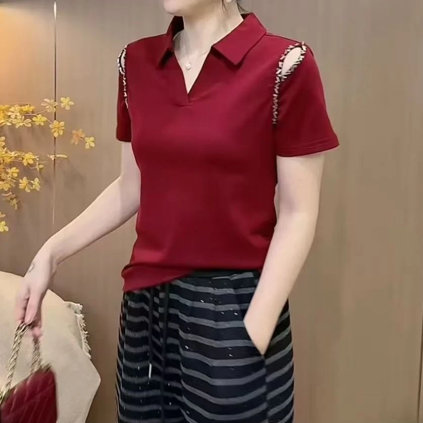 上档次POLO衫短袖女T恤设计感钉珠时尚新款夏季遮肉上衣气质小衫