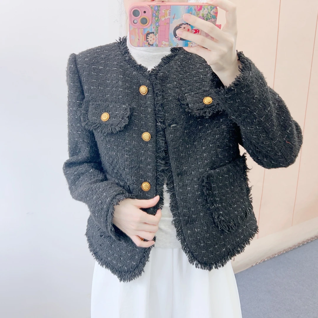 027粗纺编织拼接撞色百搭气质小香风长袖外套W2027/GP