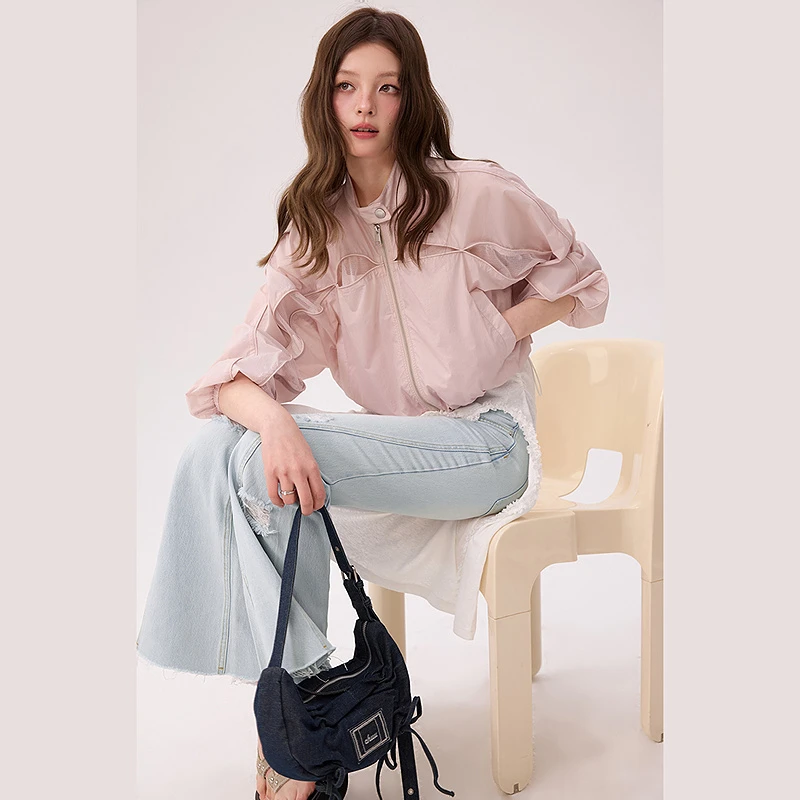 CHUU夏季女装字母印花设计网纱镂空拼接休闲风穿搭干练风外套