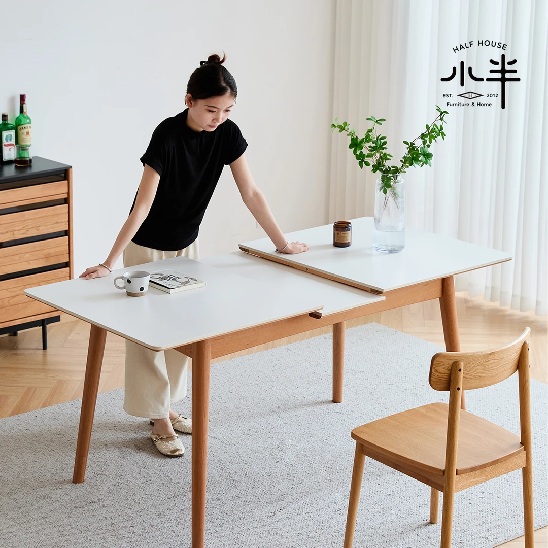 小半家具可伸缩实木岩板餐桌小户型家用北欧饭桌长方形折叠原木桌