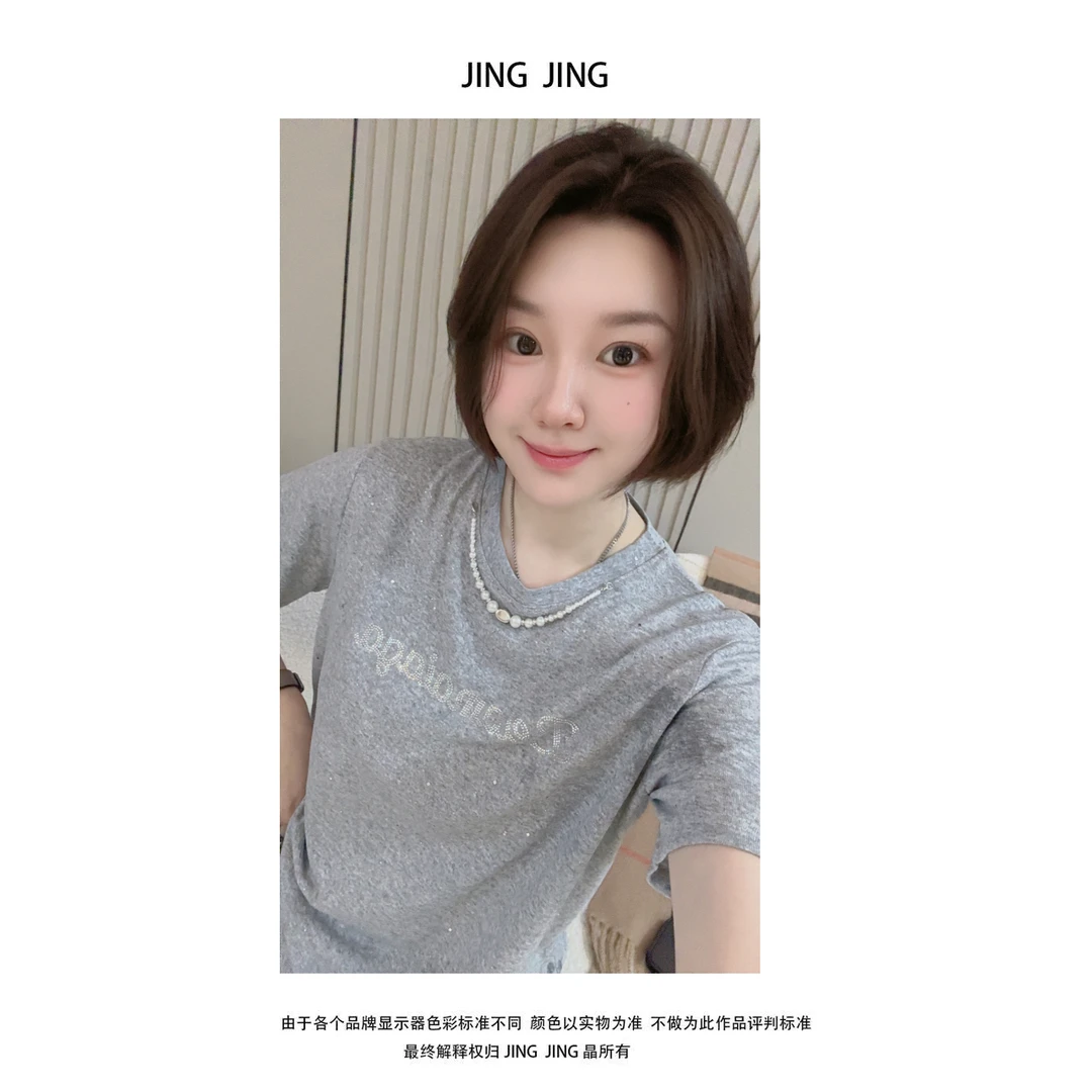 JING JING推荐 【珍珠项链亮钻圆领】 时尚休闲时尚薄款T恤