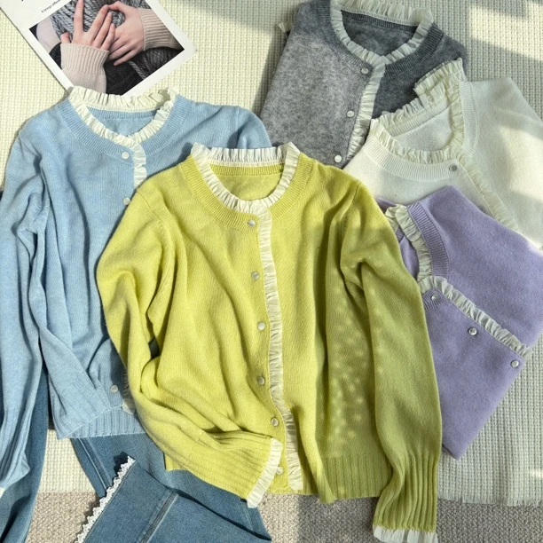 ［精选推荐］新款韩版百搭修身女时尚糖果色木耳边针织长袖开衫6215