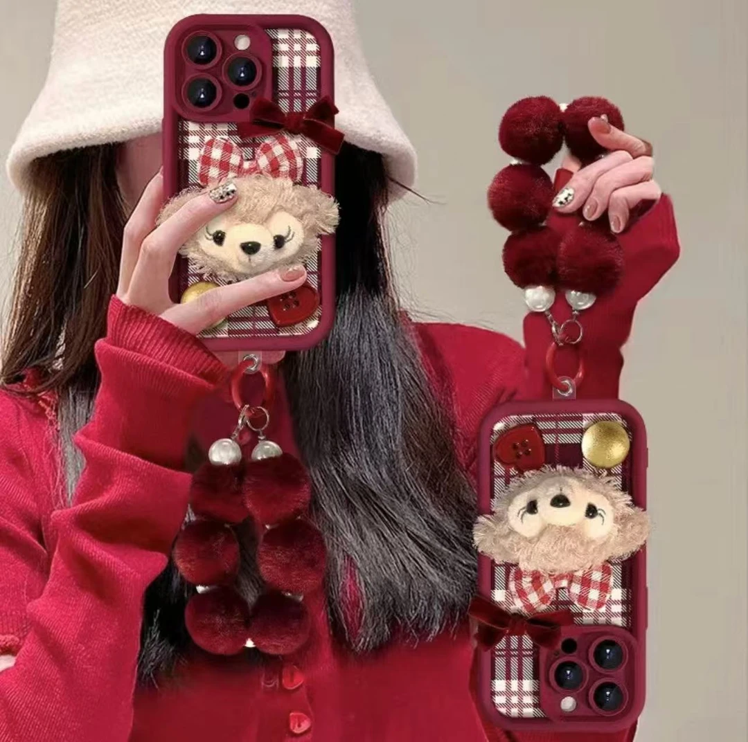 雪莉玫毛绒挂绳手机壳天眼纹适用于苹果16华为vivo小米14oppo全包