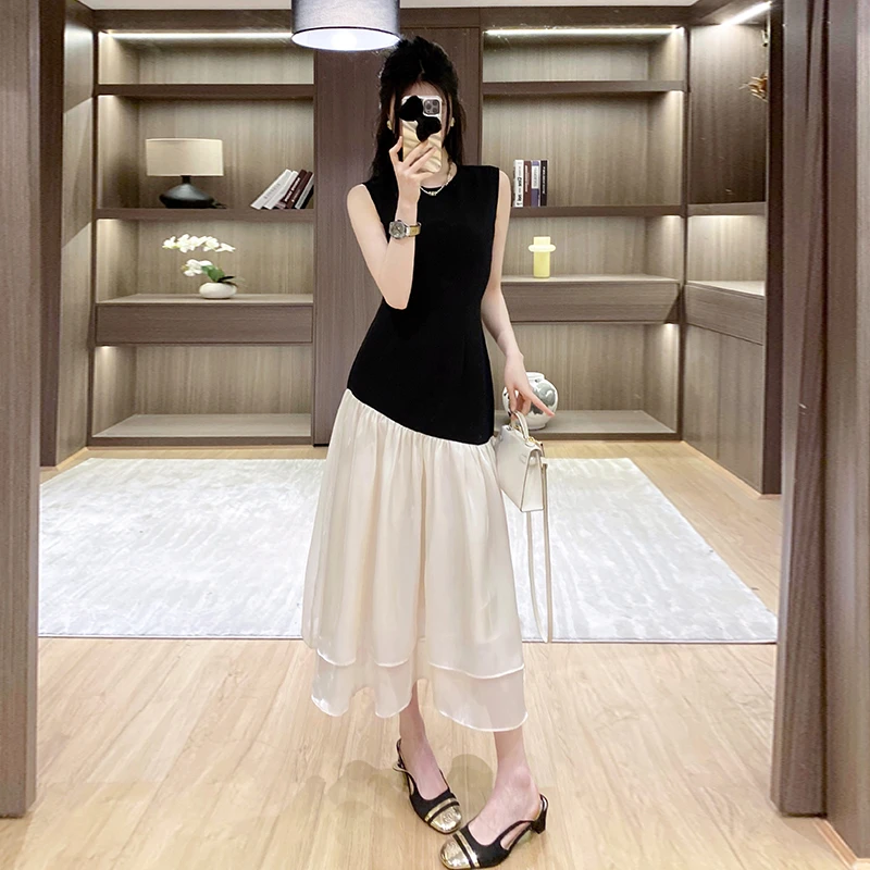 气质A字裙无购物袋新款法式设计感拼接简约撞色小A摆收腰连衣裙