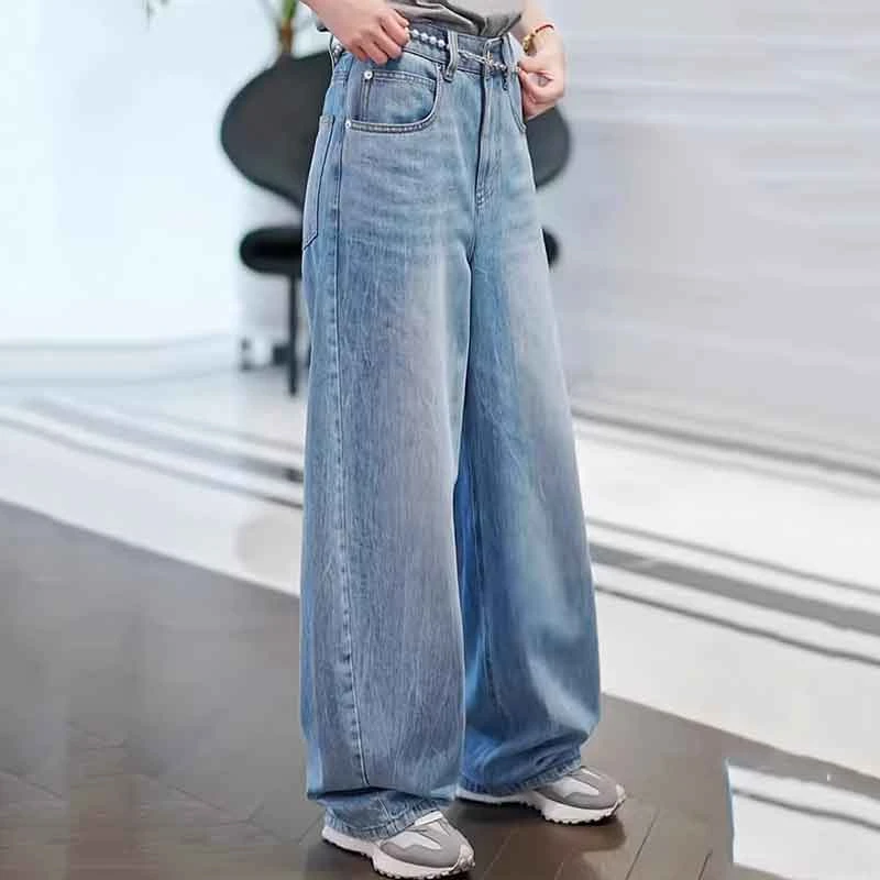 【商场同款】2025新款休闲百搭弯刀裤复古宽松扎花水洗阔腿牛仔裤