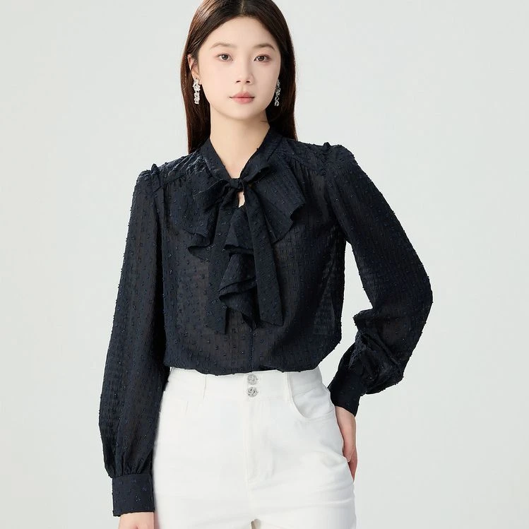 GIRDEAR哥弟夏季浪漫荷叶边宽松法式飘带薄款黑色衬衫女士1300982