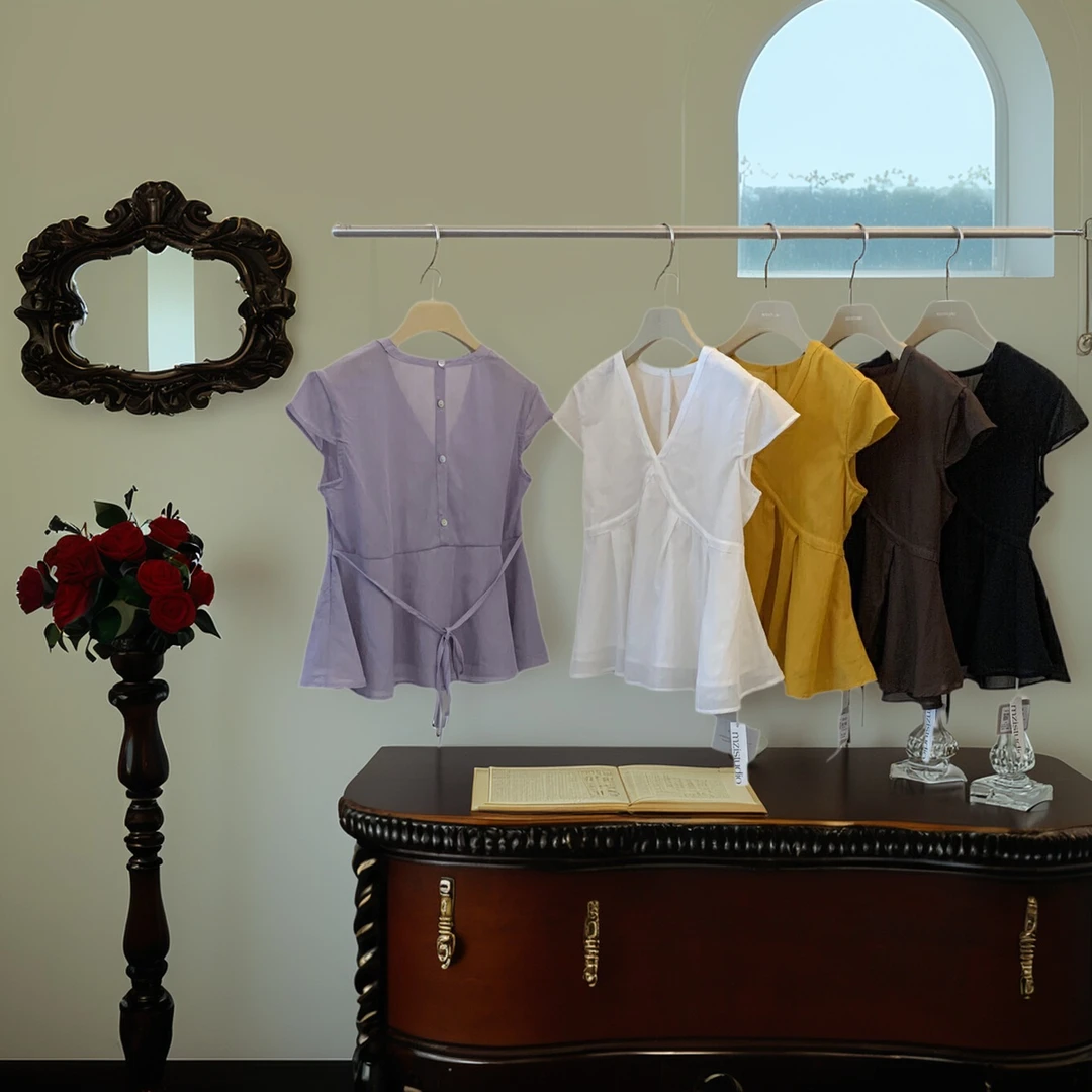 新款紫色洋气V领衬衫小众显瘦夏季气质网红短款时尚宽松复古衬衣