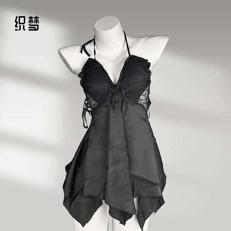 【俏皮】冰丝优雅黑色大码清透蝴蝶结睡裙裙式显瘦夏季修身