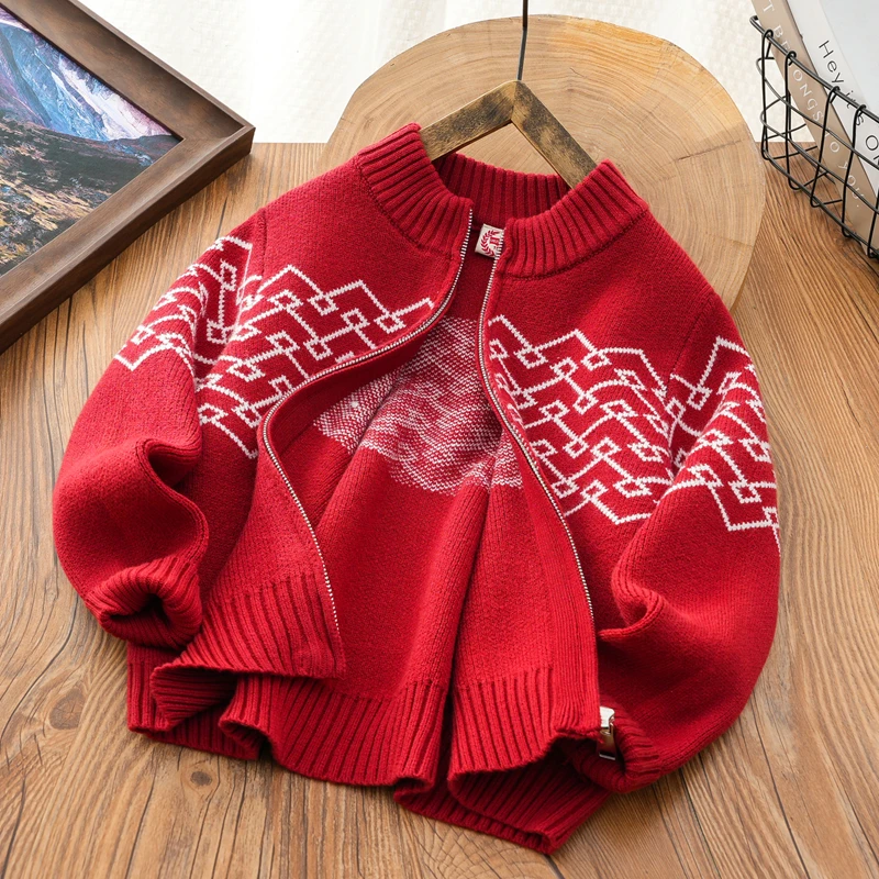 儿童大红色喜庆毛衣开衫中大童冬季新款立领上衣男女童洋气年服潮