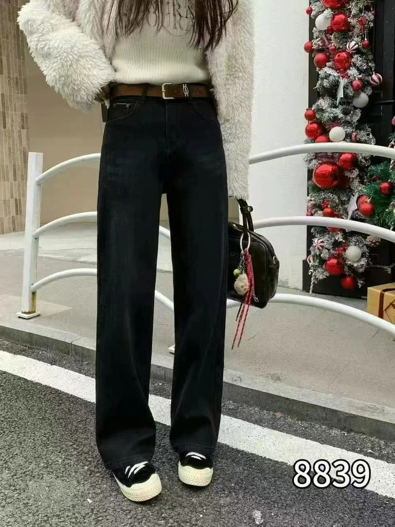 8839-AQ黑色加绒弹力牛仔阔腿裤