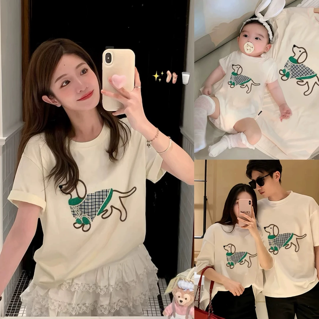 特别的亲子装美式腊肠犬一家三口短袖母女夏季班服六一纯棉上衣