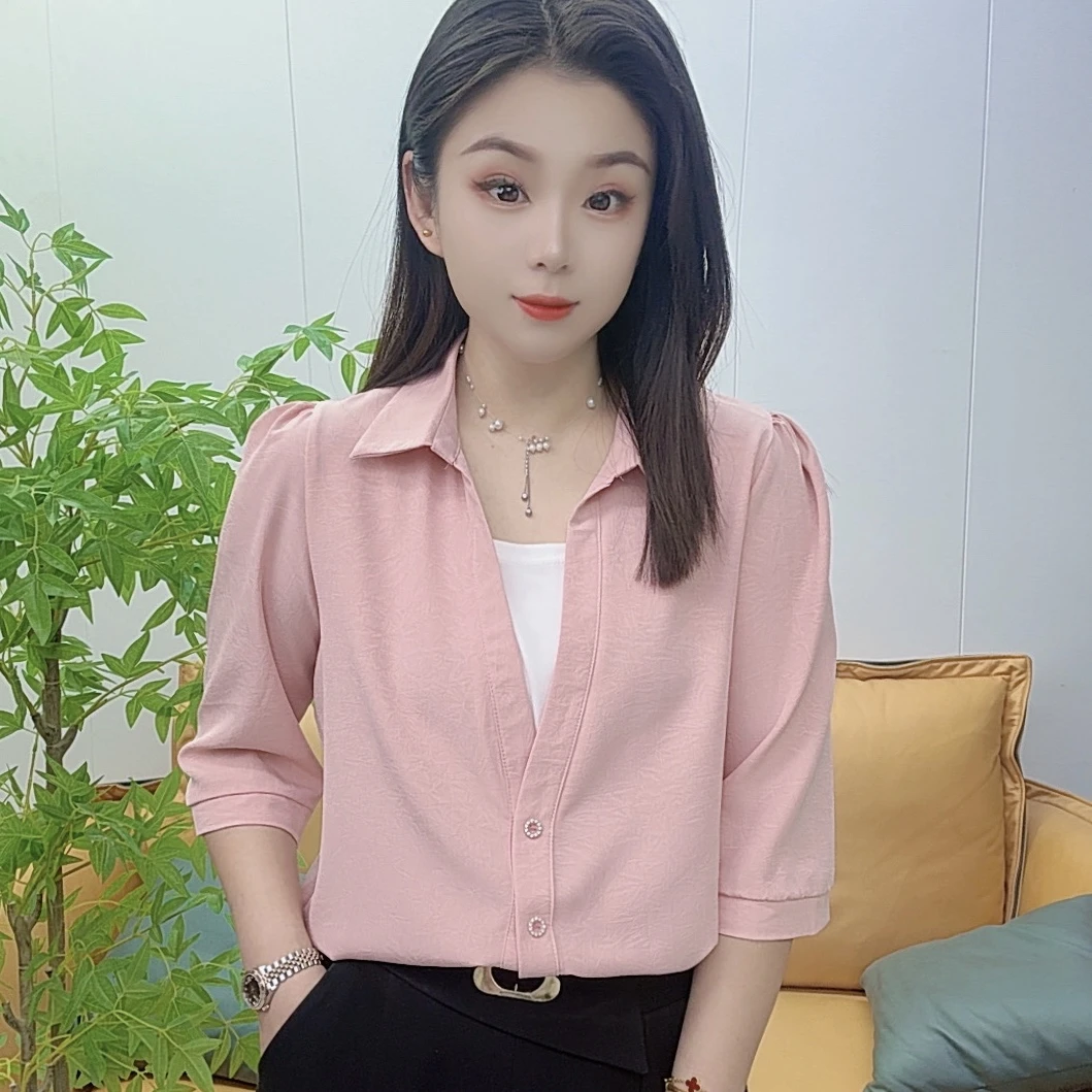 2025夏季假两件七分袖百搭气质上衣遮肉显瘦爆款长袖衬衫洋气