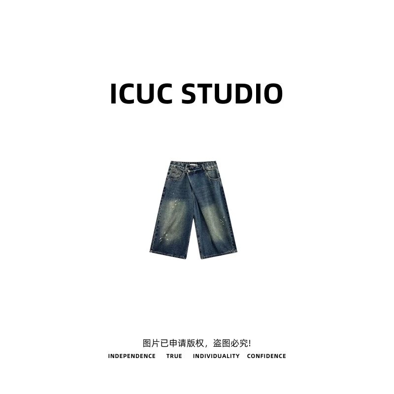 ICUC STUDIO-【复古斜扣水洗泼墨牛仔短裤】宽松阔腿六分裤AM888