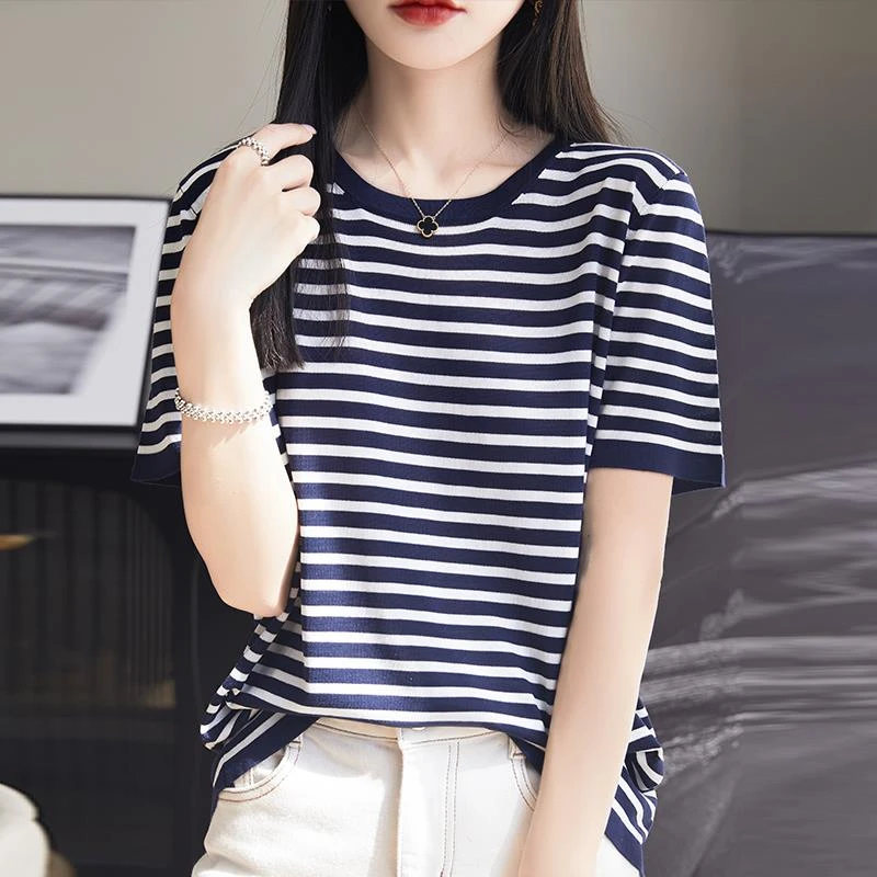 2025新款夏季天丝短袖t恤女宽松显瘦圆领背心时尚条纹针织打底衫