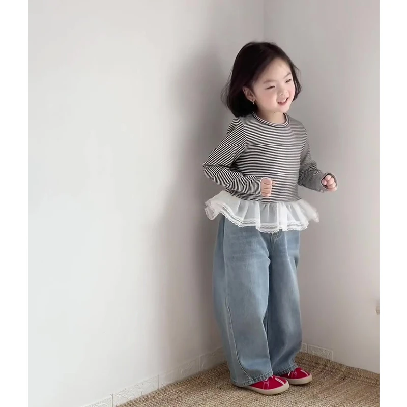 【现货】壹妈童装2025秋季新款洋气时髦女童套装灰色长袖牛仔休闲裤