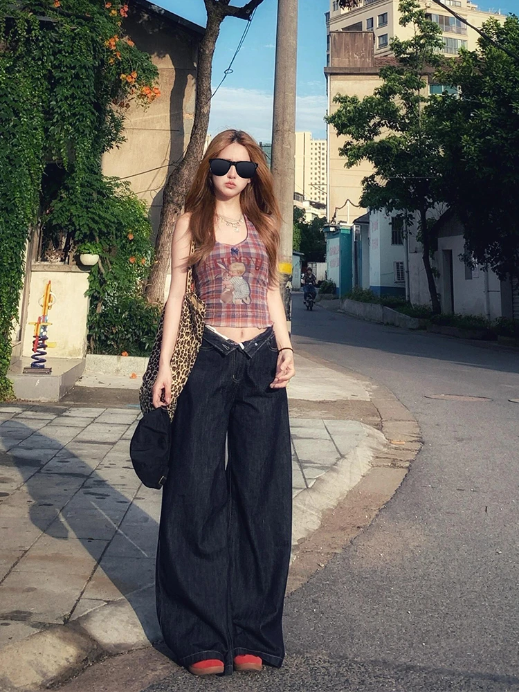 【赠运费险】复古深色女士新款裤子阔腿牛仔裤高腰直筒显瘦拖地裤子