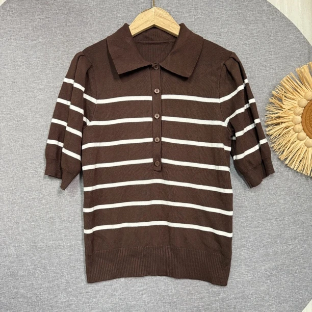 5246两色翻领条纹显瘦弹力针织毛衣