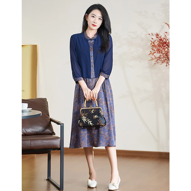 【真两件】迪欧芙深蓝色2025时尚显瘦高端女秋新款连衣裙#CTZ87712