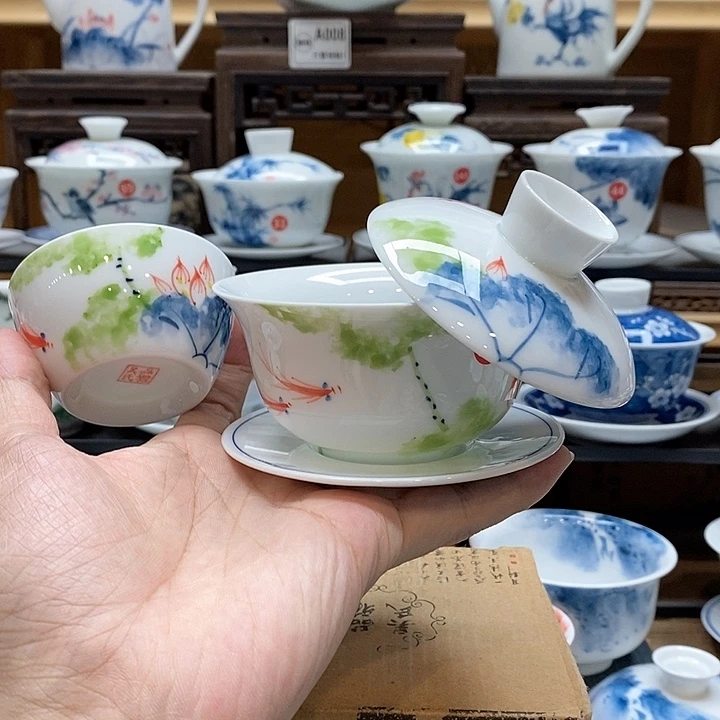 纯手绘五彩荷花150cc盖碗➕同款水缸杯60cc釉下彩微瑕福利款