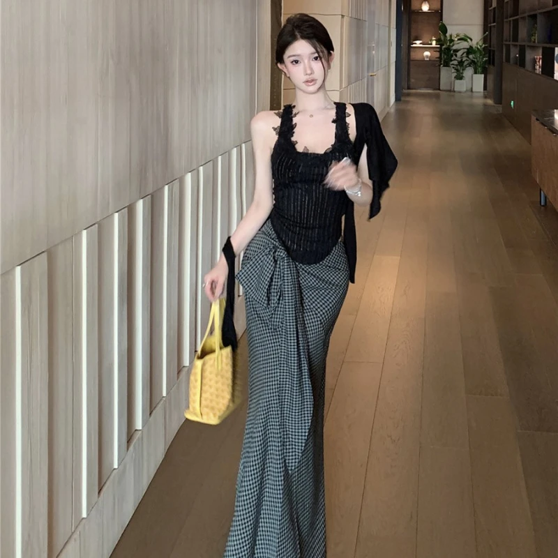 复古性感纯欲蕾丝吊带背心女夏季格子半身长裙百搭防晒开衫三件套