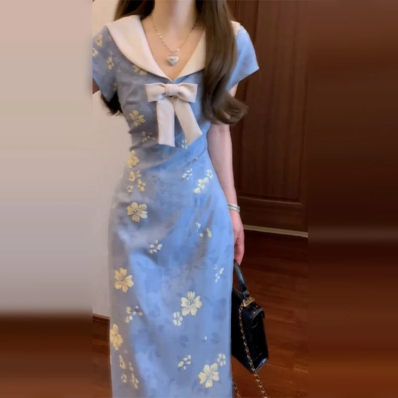 新中式国风蓝色娃娃领短袖连衣裙子女夏季超好看独特漂亮包臀长裙