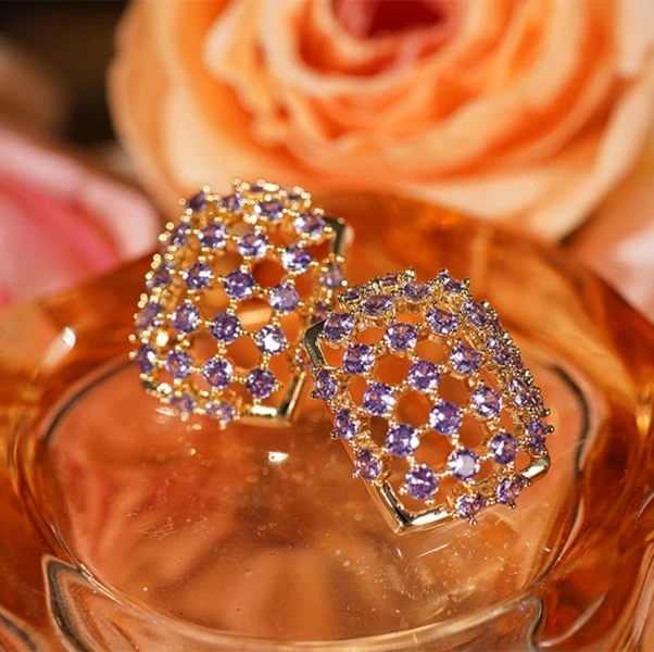 铜合金耳饰 【1871】耳钉 紫精灵满钻镶嵌气质简约