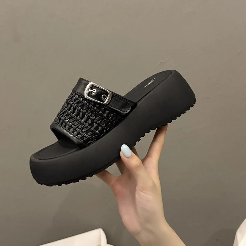 【周总工厂订单】778休闲风编织夏季一字拖厚底百搭松糕底软底拖鞋