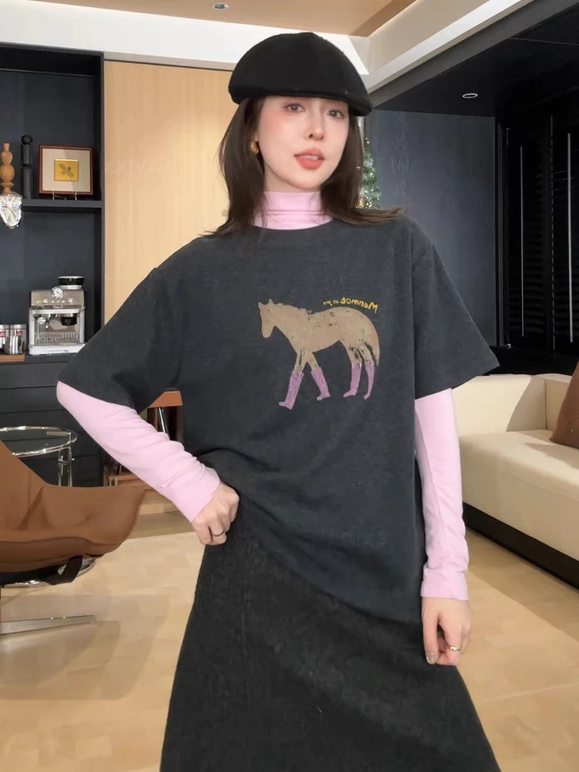 9339#韩系秋冬新款小众设计感百搭时尚气质个性小马印花假两件T恤