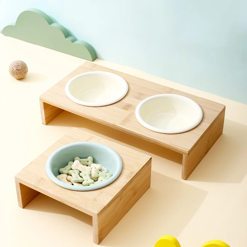 ins风陶瓷猫碗双孔带碗架防打翻矮脚猫食盆加高木架护颈椎护边碗