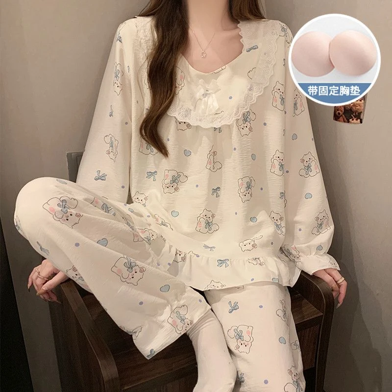 带胸垫睡衣女士春秋季薄款长袖可爱云朵棉2025新款家居服套装松鼠