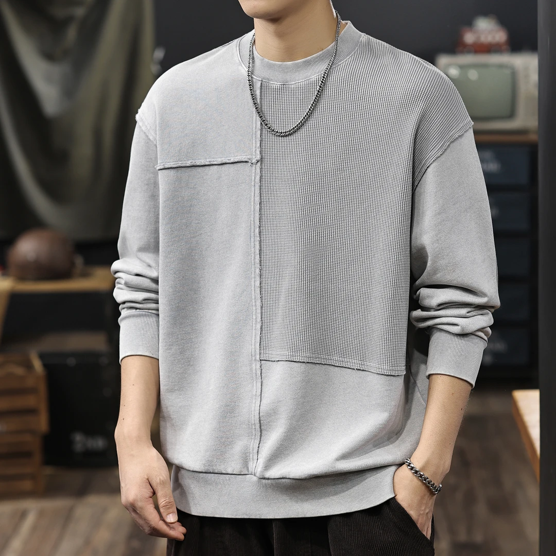 MR.MUDI/穆迪先生华夫格拼接圆领卫衣男秋季新款美式宽松百搭上衣