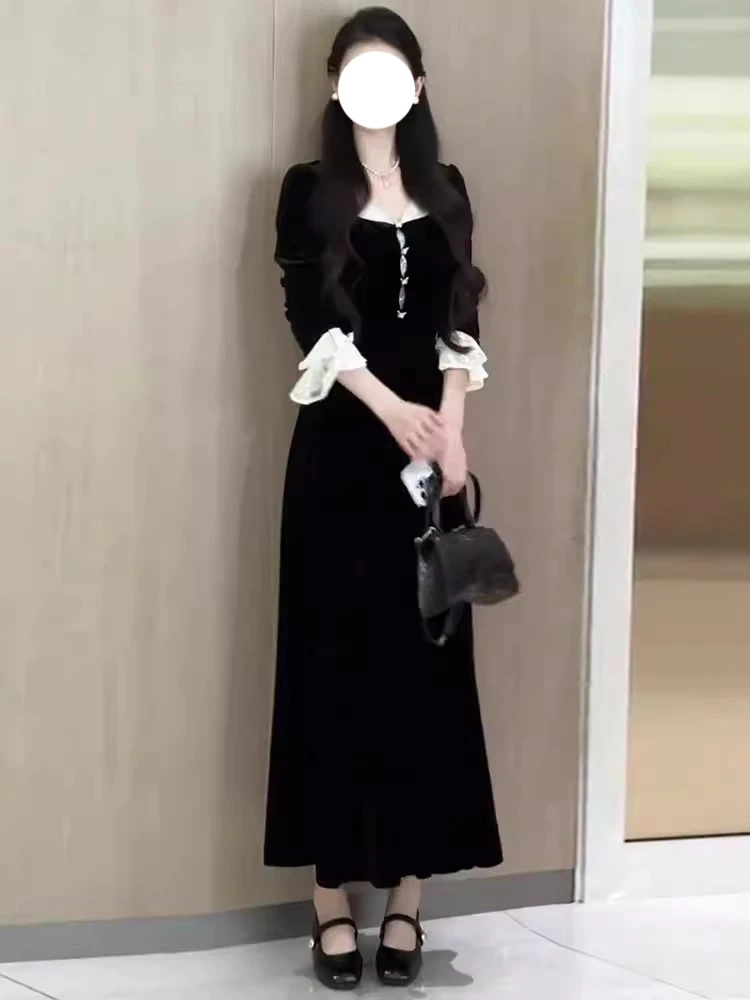 法式宫廷风拼接连衣裙女2025秋季新款高级感收腰黑色长裙