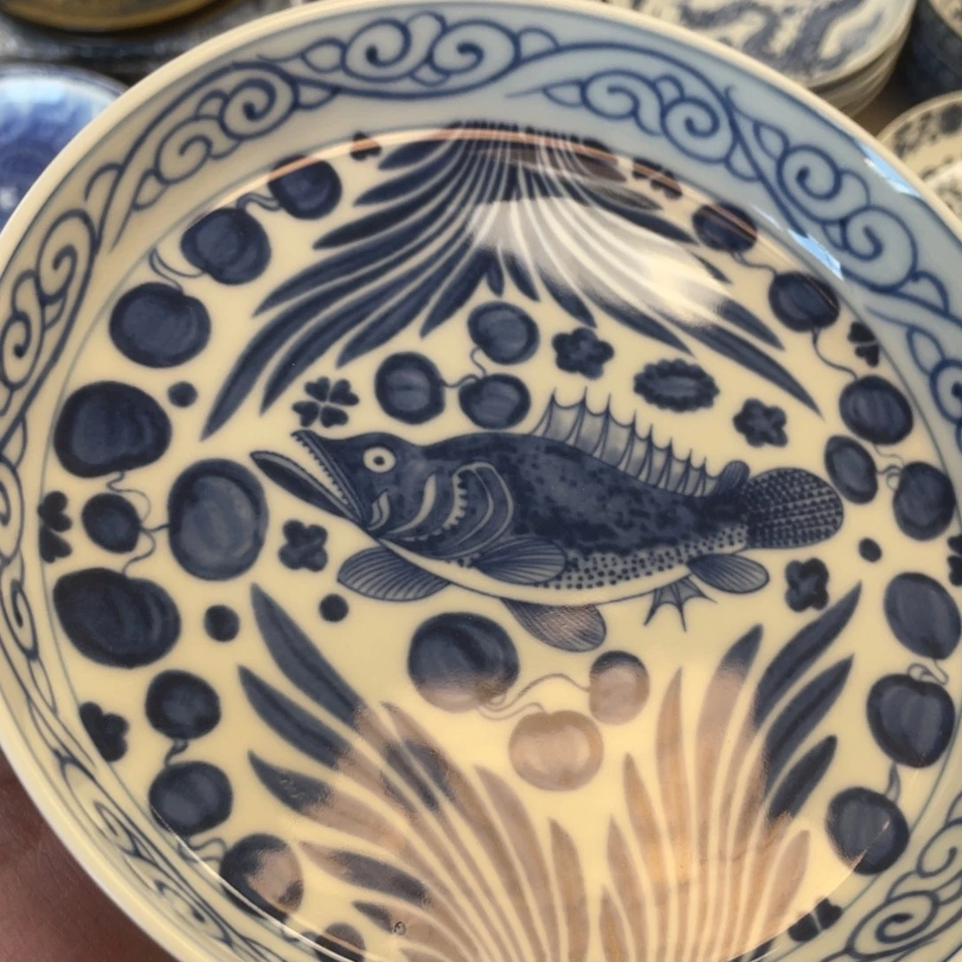 瓷片景德镇青花鱼藻纹大壶承