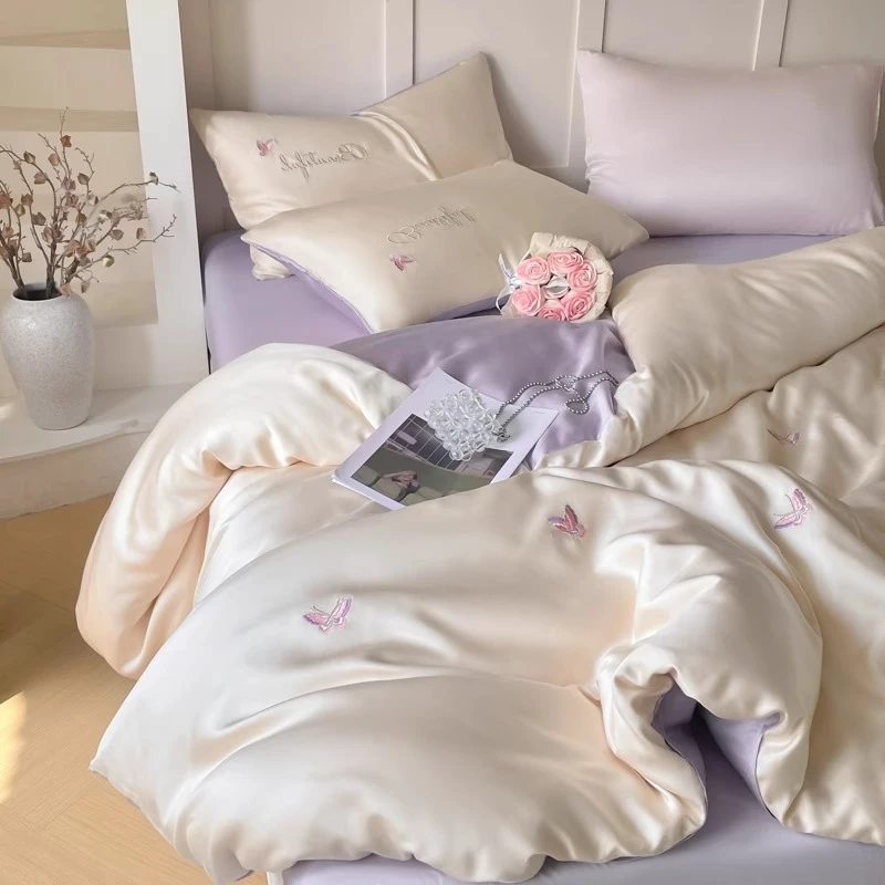 夏季冰丝刺绣四件套夏天丝滑可裸睡被套床单三件套非纯棉全棉床品